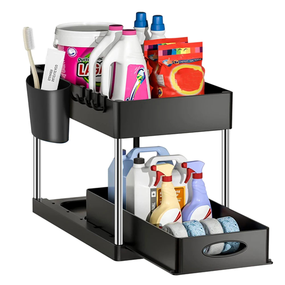 2-Tier Under Sink Organizer – Sliding Storage Rack with Hooks & Cup for Kitchen & Bathroom