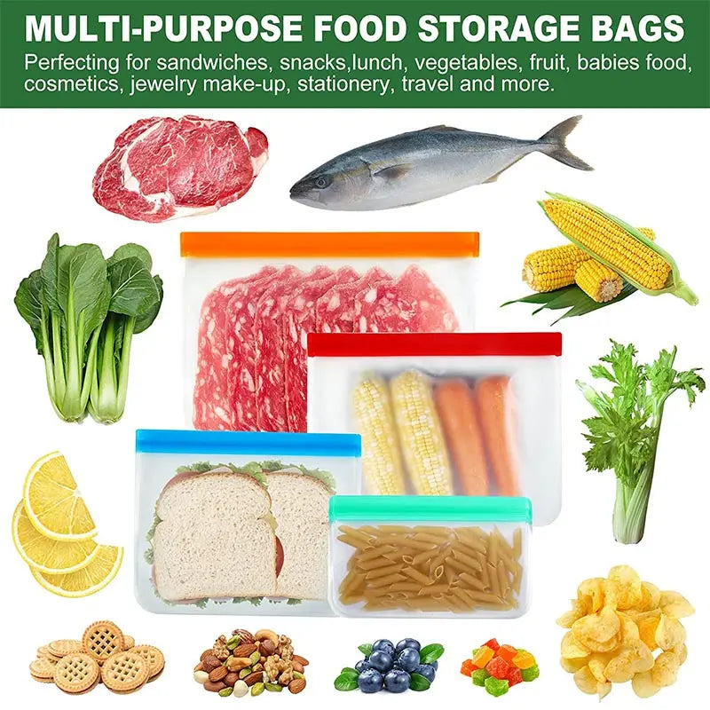 Reusable Silicone Food Storage Bags – Stand-Up Leakproof PEVA Freezer Containers with Ziplock Seal