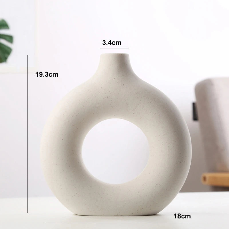 Nordic Hollow Donut Ceramic Vase – Modern Circular Flower Pot for Home & Office Decor