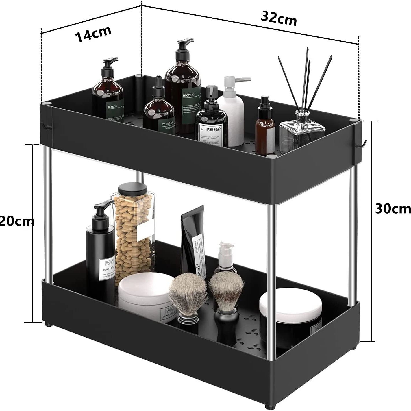 2-Tier Under Sink Organizer – Sliding Storage Rack with Hooks & Cup for Kitchen & Bathroom