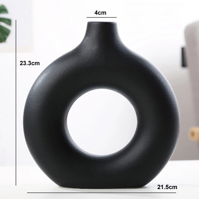 Nordic Hollow Donut Ceramic Vase – Modern Circular Flower Pot for Home & Office Decor