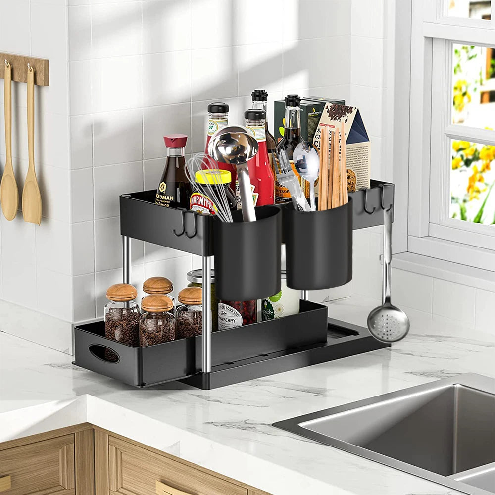 2-Tier Under Sink Organizer – Sliding Storage Rack with Hooks & Cup for Kitchen & Bathroom