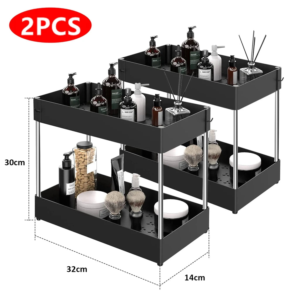 2-Tier Under Sink Organizer – Sliding Storage Rack with Hooks & Cup for Kitchen & Bathroom