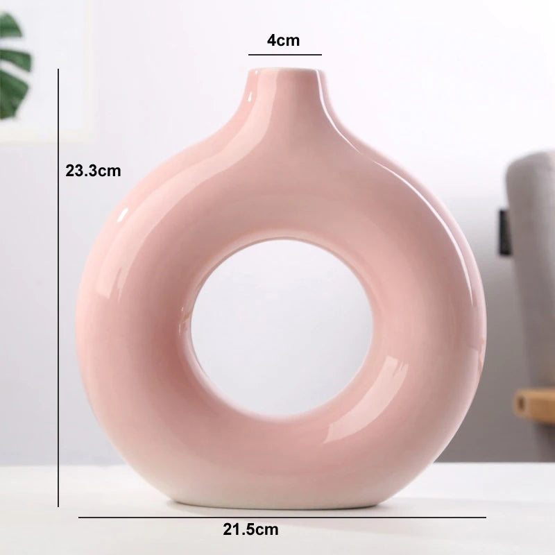 Nordic Hollow Donut Ceramic Vase – Modern Circular Flower Pot for Home & Office Decor