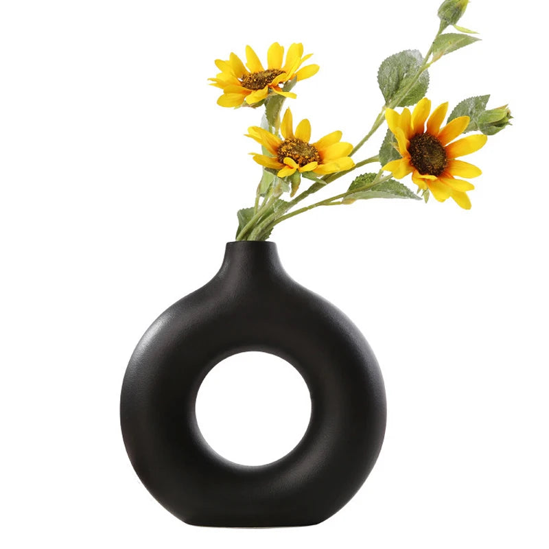 Nordic Hollow Donut Ceramic Vase – Modern Circular Flower Pot for Home & Office Decor