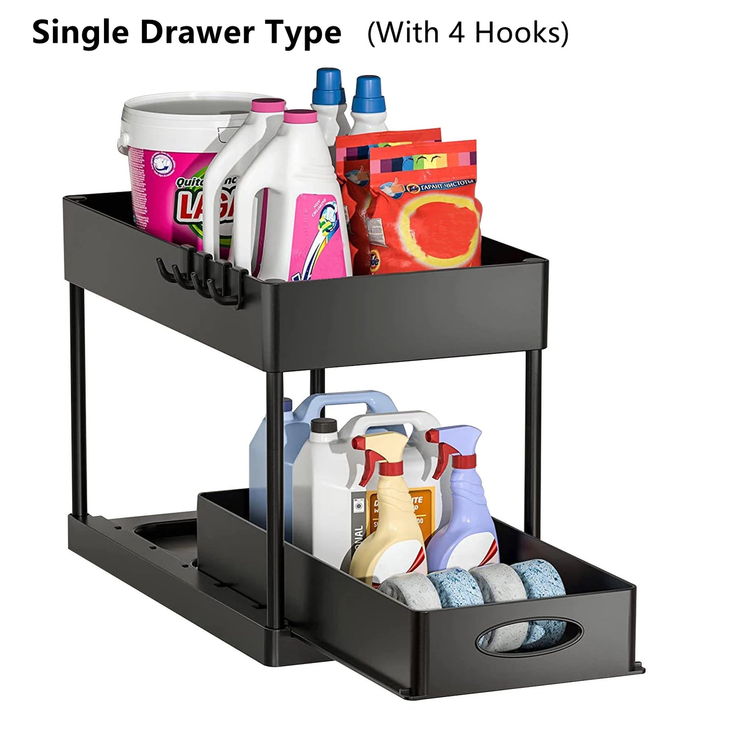 2-Tier Under Sink Organizer – Sliding Storage Rack with Hooks & Cup for Kitchen & Bathroom