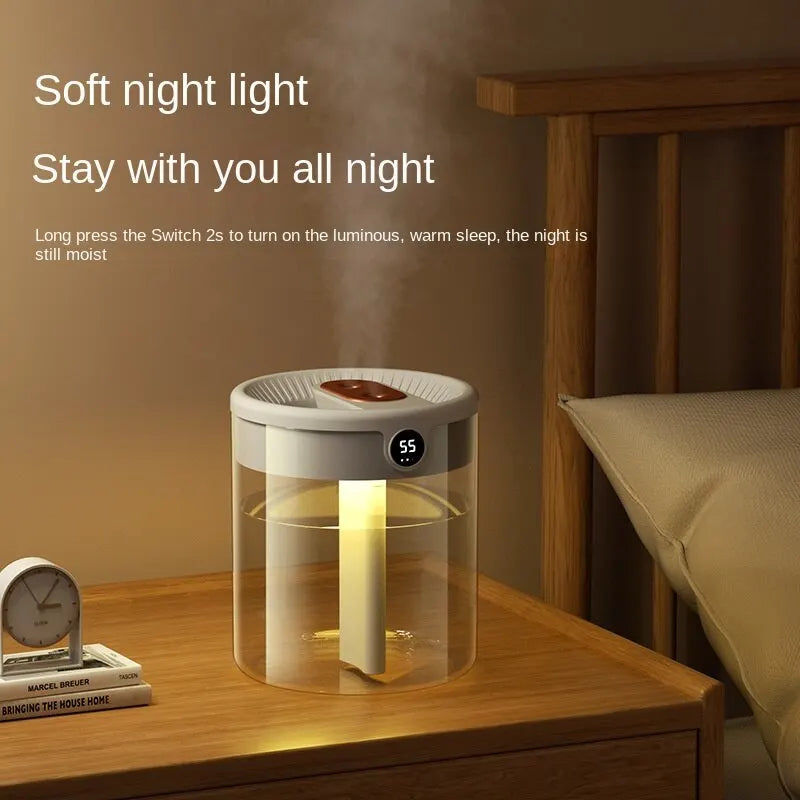2L USB Double Spray Humidifier – Large Capacity Cool Mist with Night Light & Digital Display for Home & Office