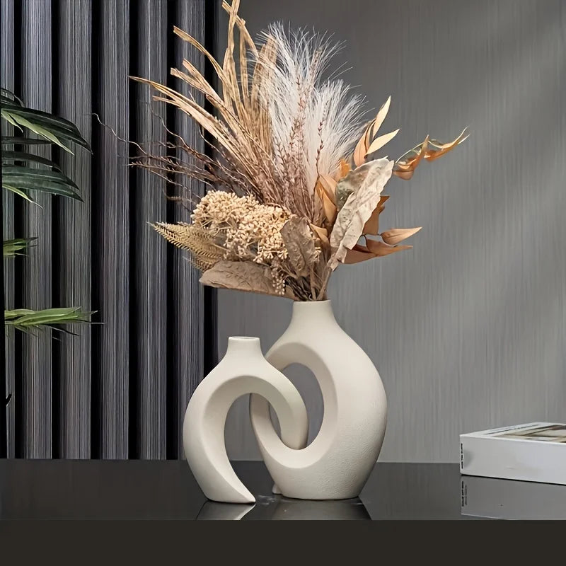 Set of 2 Nordic Hollow Ceramic Vases – Modern Boho Flower Vases for Living Room & Bookshelf Decor