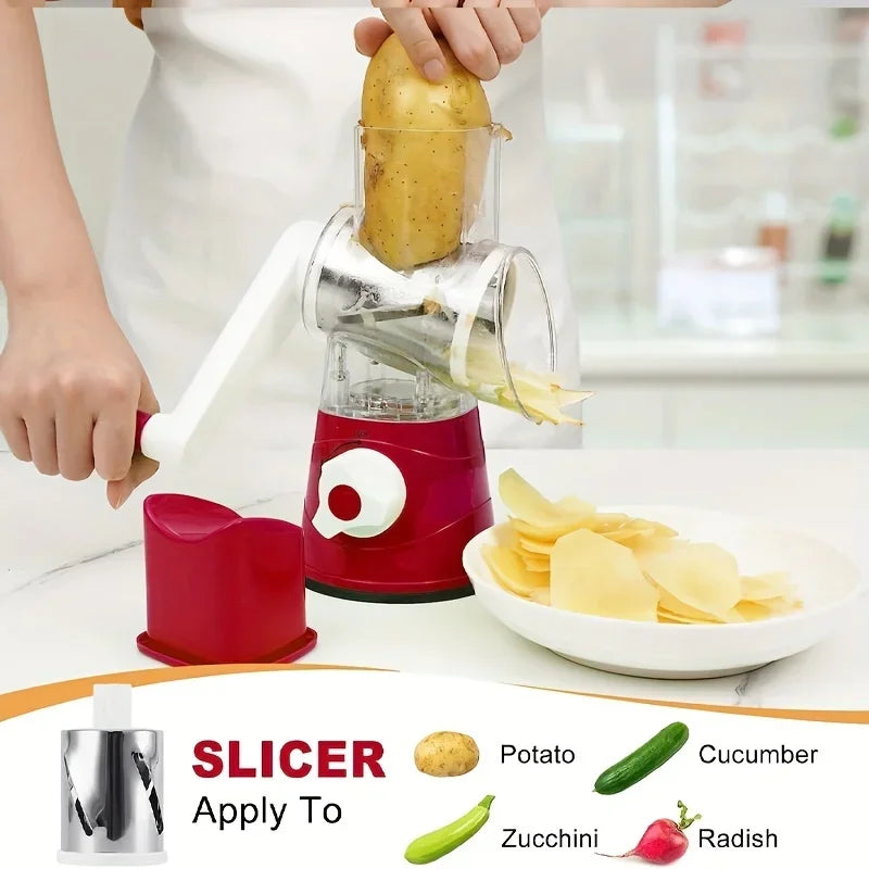Manual Rotary Vegetable Cutter & Slicer – 3-in-1 Drum Grater for Cheese, Garlic & Potatoes