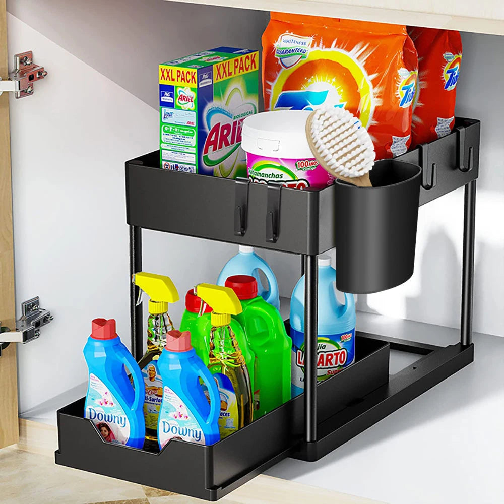 2-Tier Under Sink Organizer – Sliding Storage Rack with Hooks & Cup for Kitchen & Bathroom