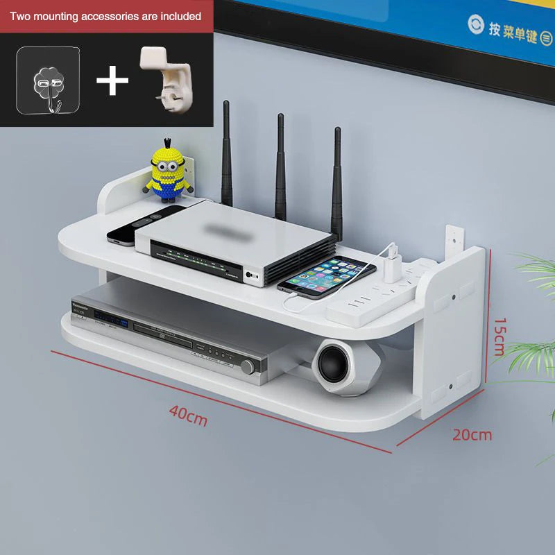 Wall-Mounted WiFi Router Shelf – Hidden Cable Organizer & Power Strip Holder for TV Boxes & Floating Storage