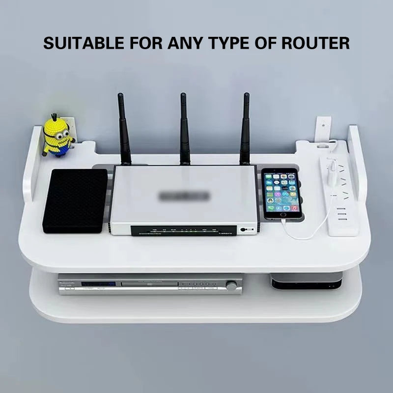 Wall-Mounted WiFi Router Shelf – Hidden Cable Organizer & Power Strip Holder for TV Boxes & Floating Storage