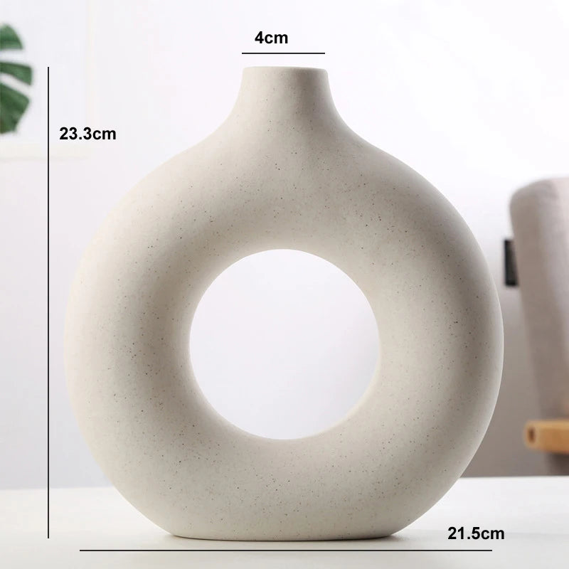 Nordic Hollow Donut Ceramic Vase – Modern Circular Flower Pot for Home & Office Decor
