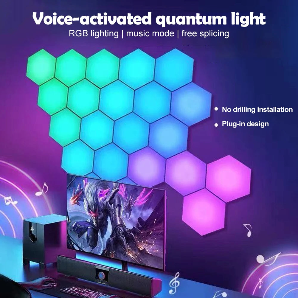 RGB Hexagonal Quantum Wall Light Panels – Smart LED Ambient Lamp with App & Remote Control for DIY Room Decor