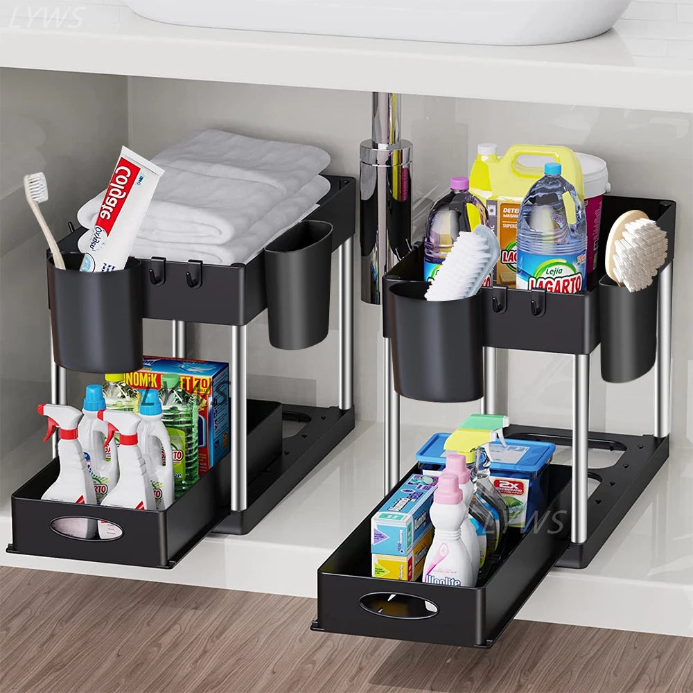 2-Tier Under Sink Organizer – Sliding Storage Rack with Hooks & Cup for Kitchen & Bathroom