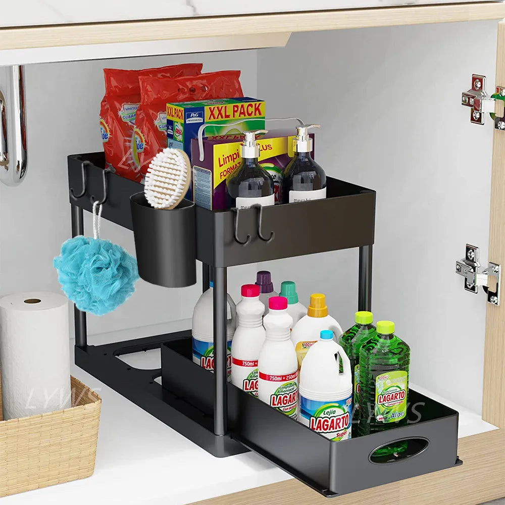 2-Tier Under Sink Organizer – Sliding Storage Rack with Hooks & Cup for Kitchen & Bathroom