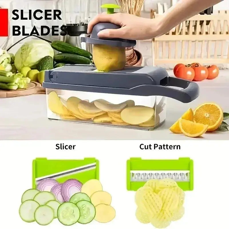 14-in-1 Multifunctional Vegetable Chopper & Slicer – Manual Food Dicer with Stainless Steel Blades