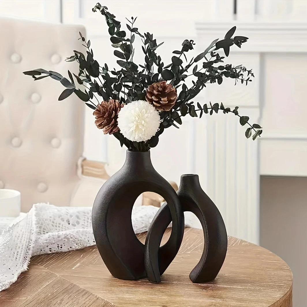 Set of 2 Nordic Hollow Ceramic Vases – Modern Boho Flower Vases for Living Room & Bookshelf Decor
