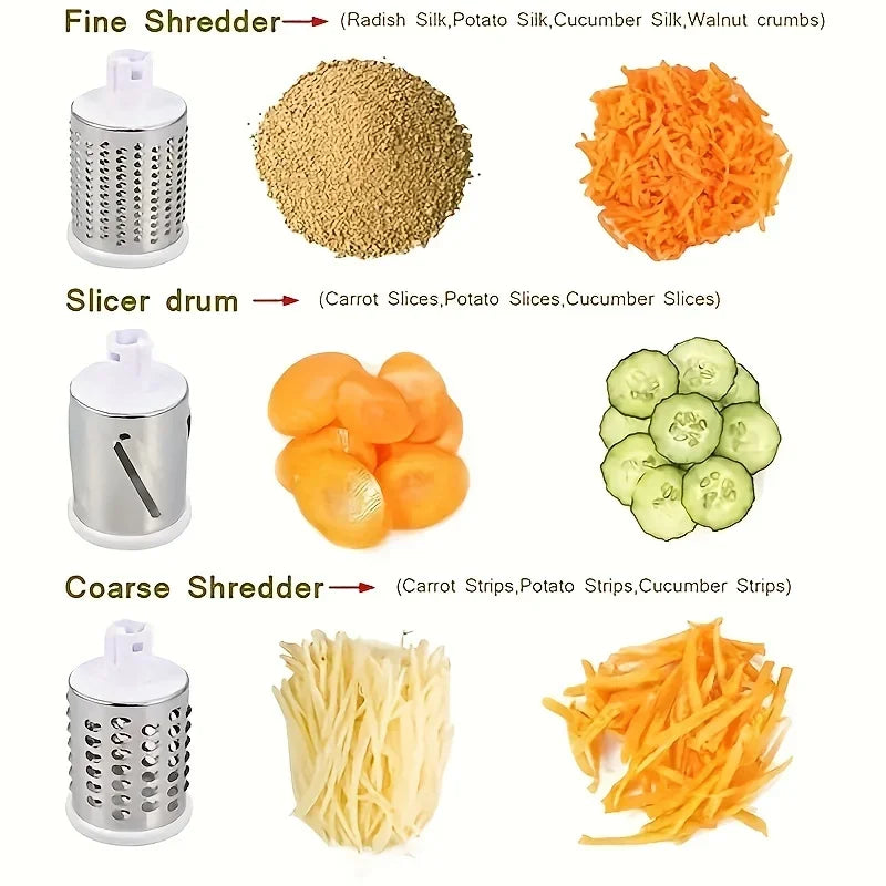 Manual Rotary Vegetable Cutter & Slicer – 3-in-1 Drum Grater for Cheese, Garlic & Potatoes