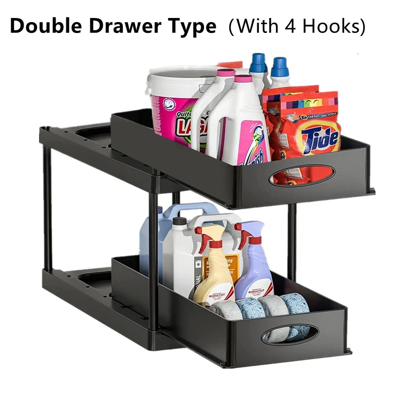 2-Tier Under Sink Organizer – Sliding Storage Rack with Hooks & Cup for Kitchen & Bathroom
