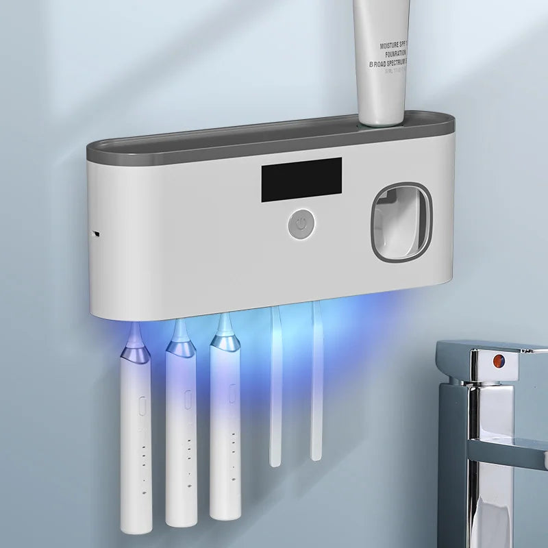 Intelligent UV Toothbrush Sterilizer – Wall-Mounted Holder with Automatic Toothpaste Dispenser