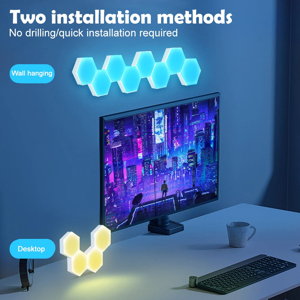 RGB Hexagonal Quantum Wall Light Panels – Smart LED Ambient Lamp with App & Remote Control for DIY Room Decor