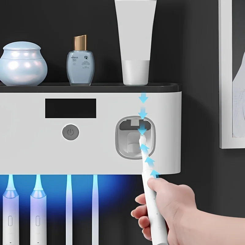 Intelligent UV Toothbrush Sterilizer – Wall-Mounted Holder with Automatic Toothpaste Dispenser