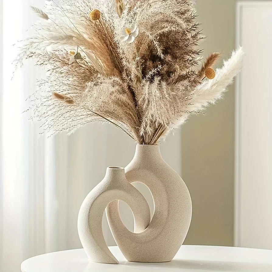 Set of 2 Nordic Hollow Ceramic Vases – Modern Boho Flower Vases for Living Room & Bookshelf Decor