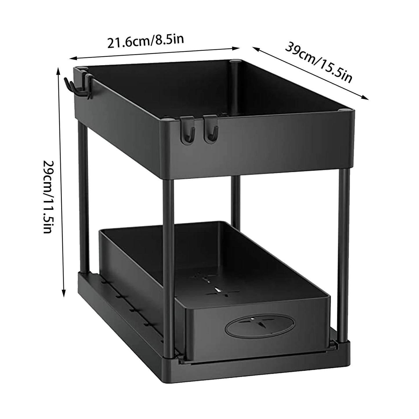 2-Tier Under Sink Organizer – Sliding Storage Rack with Hooks & Cup for Kitchen & Bathroom