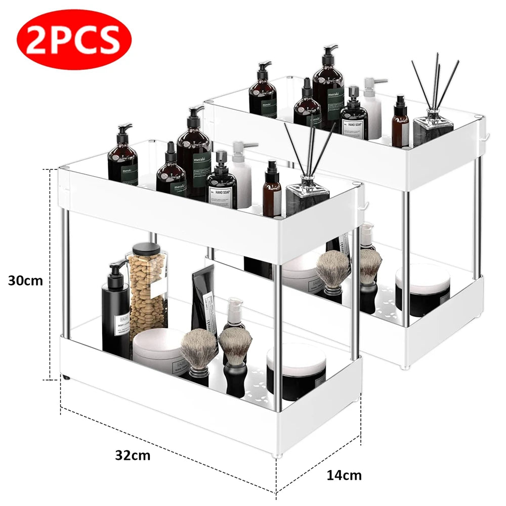 2-Tier Under Sink Organizer – Sliding Storage Rack with Hooks & Cup for Kitchen & Bathroom