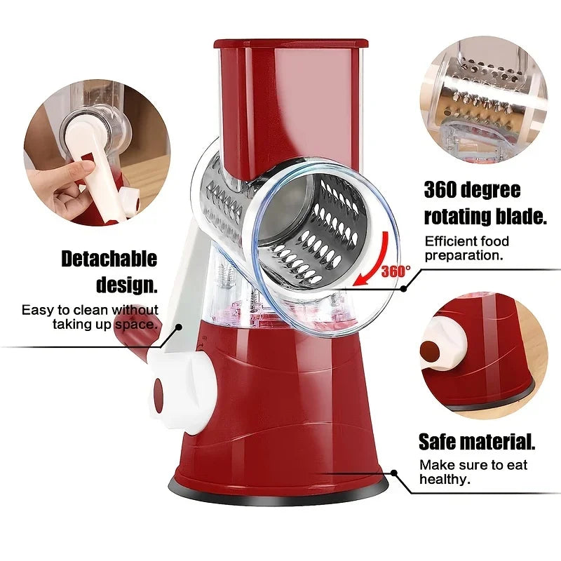 Manual Rotary Vegetable Cutter & Slicer – 3-in-1 Drum Grater for Cheese, Garlic & Potatoes