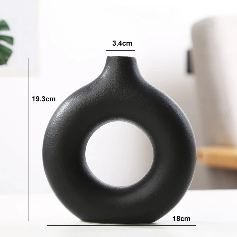 Nordic Hollow Donut Ceramic Vase – Modern Circular Flower Pot for Home & Office Decor
