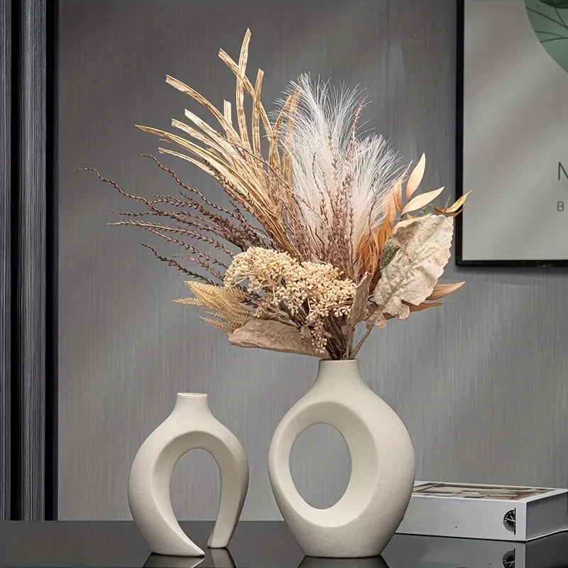 Set of 2 Nordic Hollow Ceramic Vases – Modern Boho Flower Vases for Living Room & Bookshelf Decor