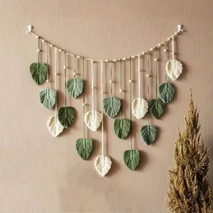 Boho Macrame Leaf Wall Hanging – Handmade Feather Tapestry for Bedroom & Living Room Decor