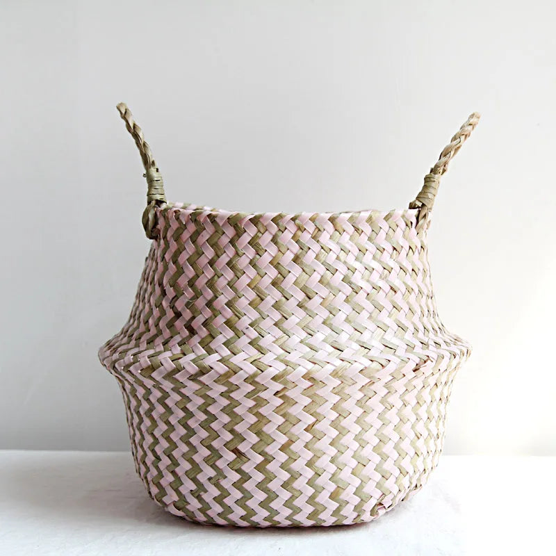 Boho Striped Wicker Storage Basket – Handmade Collapsible Seaweed Belly Basket for Laundry, Plants & Home Decor