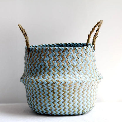 Boho Striped Wicker Storage Basket – Handmade Collapsible Seaweed Belly Basket for Laundry, Plants & Home Decor
