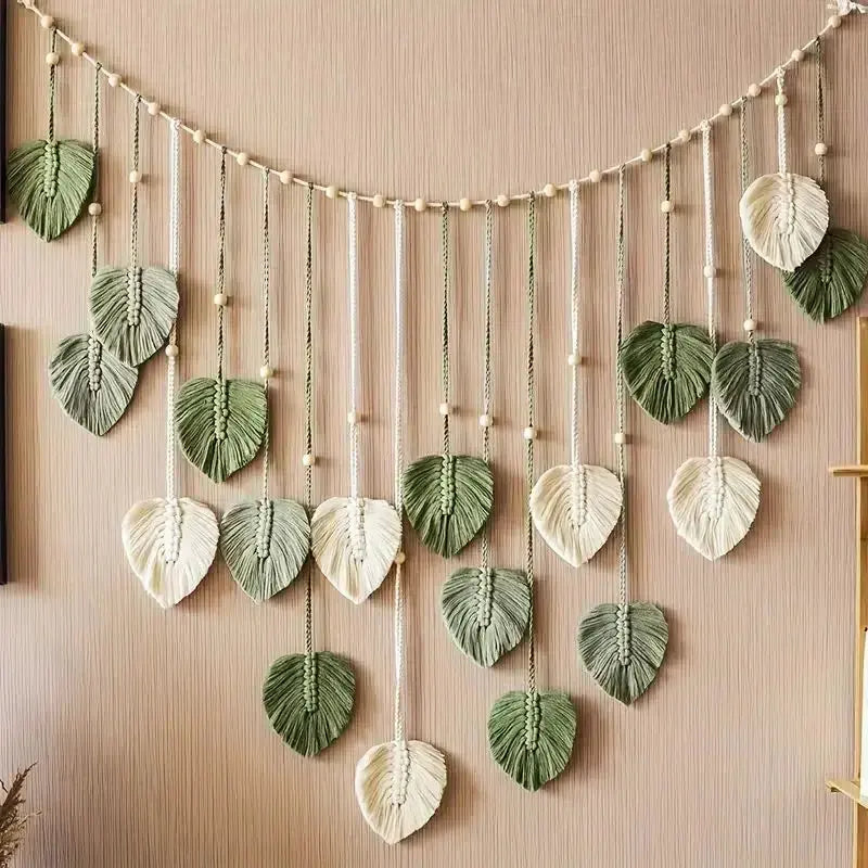 Boho Macrame Leaf Wall Hanging – Handmade Feather Tapestry for Bedroom & Living Room Decor