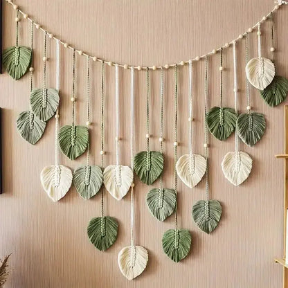 Boho Macrame Leaf Wall Hanging – Handmade Feather Tapestry for Bedroom & Living Room Decor