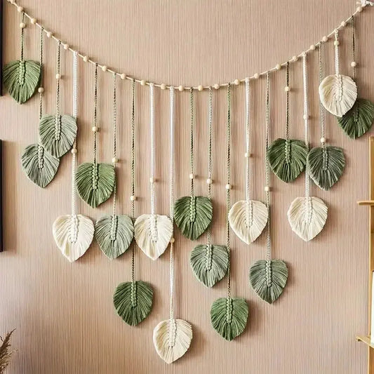 Boho Macrame Leaf Wall Hanging – Handmade Feather Tapestry for Bedroom & Living Room Decor
