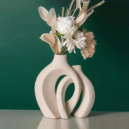 Set of 2 Nordic Hollow Ceramic Vases – Modern Boho Flower Vases for Living Room & Bookshelf Decor
