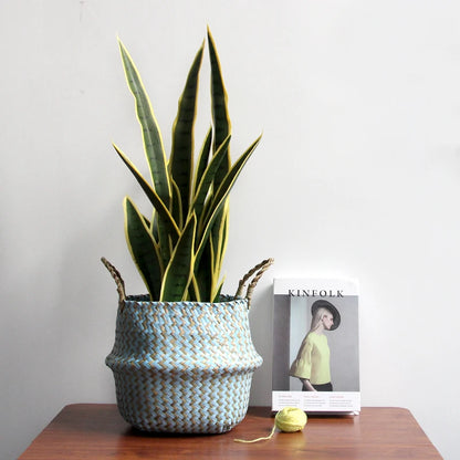Boho Striped Wicker Storage Basket – Handmade Collapsible Seaweed Belly Basket for Laundry, Plants & Home Decor