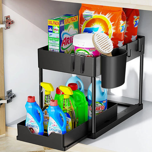 2-Tier Under Sink Organizer – Sliding Storage Rack with Hooks & Cup for Kitchen & Bathroom