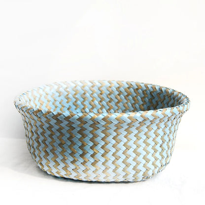 Boho Striped Wicker Storage Basket – Handmade Collapsible Seaweed Belly Basket for Laundry, Plants & Home Decor