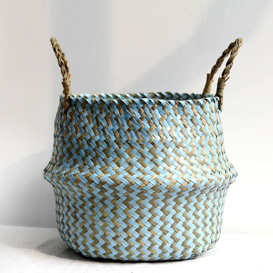 Boho Striped Wicker Storage Basket – Handmade Collapsible Seaweed Belly Basket for Laundry, Plants & Home Decor