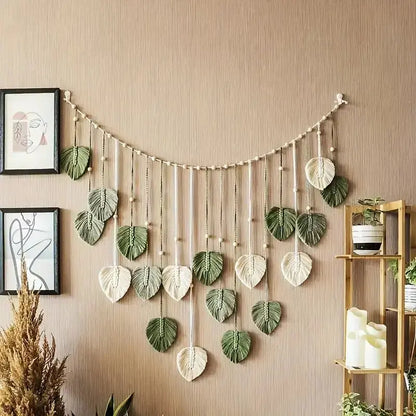 Boho Macrame Leaf Wall Hanging – Handmade Feather Tapestry for Bedroom & Living Room Decor