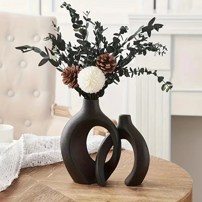 Set of 2 Nordic Hollow Ceramic Vases – Modern Boho Flower Vases for Living Room & Bookshelf Decor