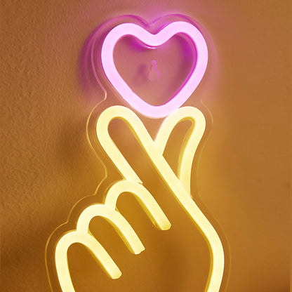 LED Neon Hand & Heart Sign – USB Powered Wall Light for Bedroom, Game Room & Living Room Decor