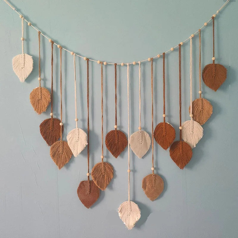 Boho Macrame Leaf Wall Hanging – Handmade Feather Tapestry for Bedroom & Living Room Decor