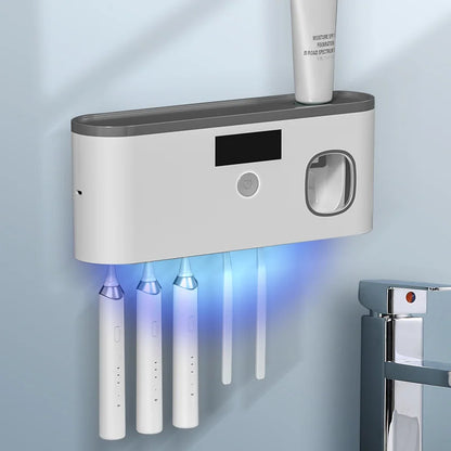 Intelligent UV Toothbrush Sterilizer – Wall-Mounted Holder with Automatic Toothpaste Dispenser