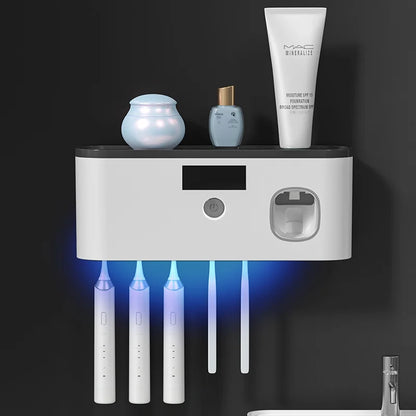 Intelligent UV Toothbrush Sterilizer – Wall-Mounted Holder with Automatic Toothpaste Dispenser